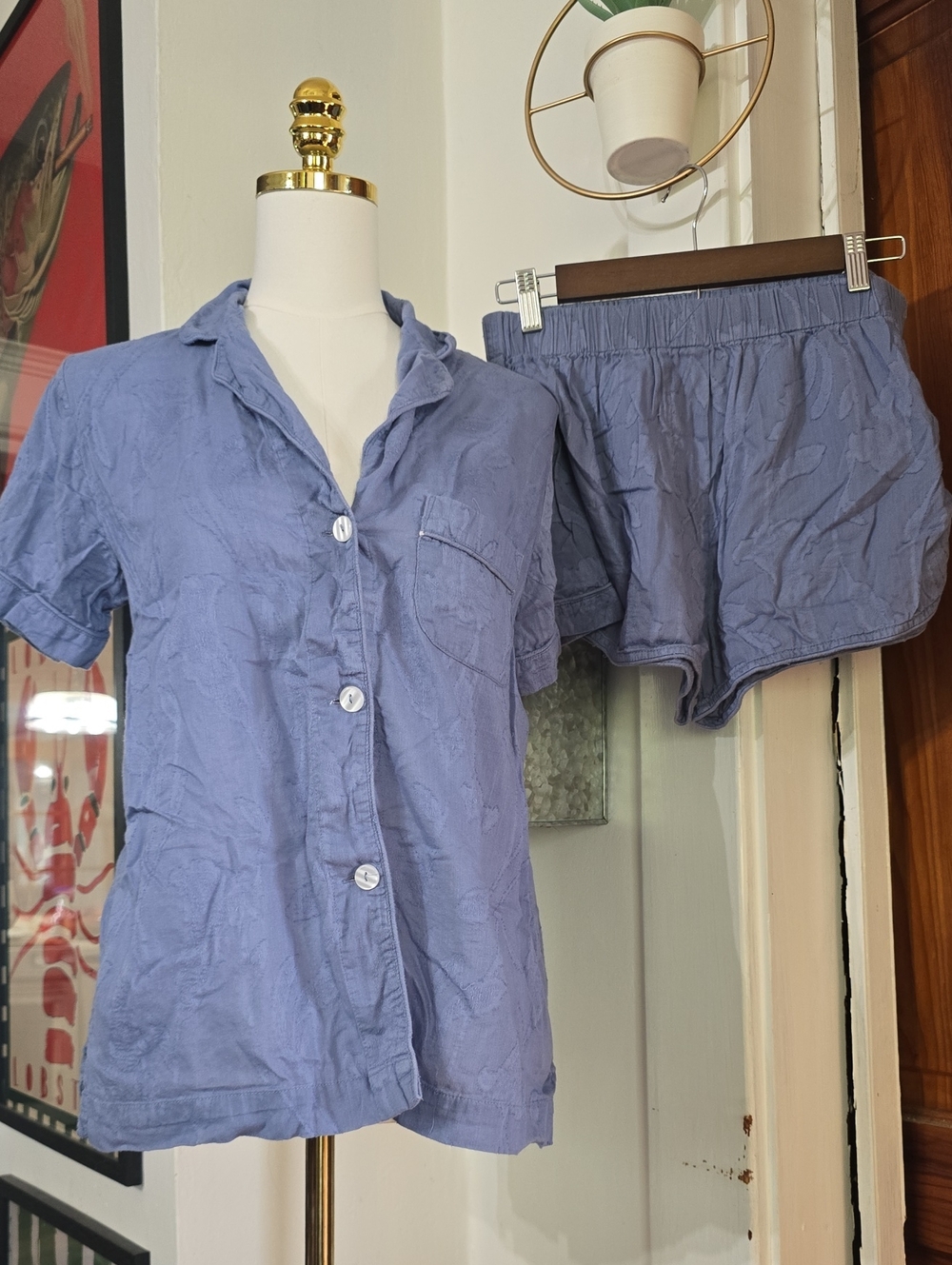 Roller Rabbit Blue Polo Short-Sleeve Pajama Top and Shorts Set M
